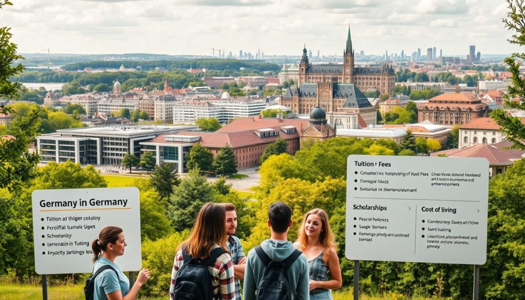 An expansive university campus nestled amidst lush greenery, with modern architecture and state-of-the-art facilities. In the foreground, a group of students engaged in lively discussions, their expressions reflecting the affordability and accessibility of Germany's higher education system. The middle ground showcases informative signage detailing tuition fees, scholarships, and cost of living, all bathed in warm, natural lighting that creates a welcoming atmosphere. In the background, a vibrant cityscape with iconic landmarks, symbolizing the rich cultural and economic opportunities available to international students studying in Germany.
