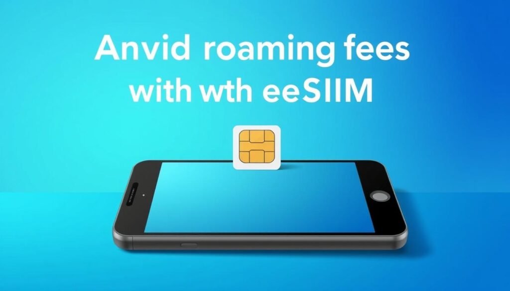 Avoid roaming fees with eSIM: a stylized illustration showcasing a smartphone with a digital SIM card. Set against a minimalist, gradient background in shades of blue and turquoise, evoking a sense of modern connectivity and global mobility. The smartphone is positioned prominently in the foreground, with a subtle, soft-focus effect. The design is sleek and elegant, with clean lines and a sophisticated color palette, reflecting the premium nature of the eSIM technology. The overall mood is one of simplicity, efficiency, and the seamless digital experience of international travel without additional roaming charges.