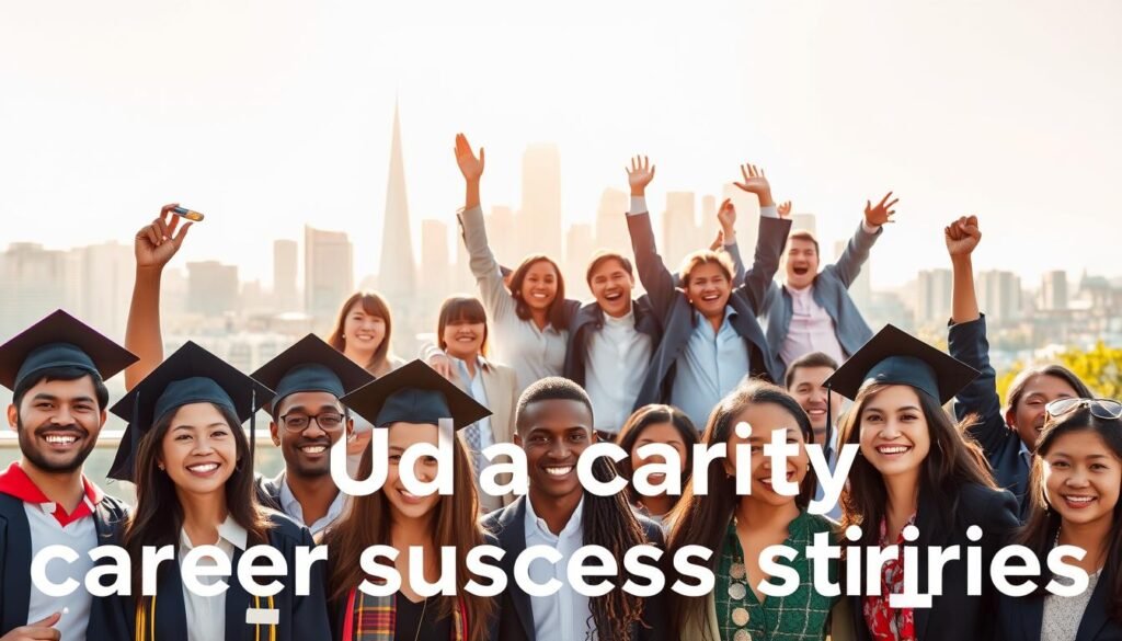 Udacity career success stories: A vibrant, uplifting scene showcasing diverse individuals celebrating their achievements. In the foreground, a group of graduates, smiling confidently, wearing caps and gowns, with diplomas in hand. In the middle ground, a mix of professionals in various tech and business attire, hands raised in triumph. The background depicts a modern city skyline, bathed in warm, golden sunlight, symbolizing the bright futures ahead. The overall atmosphere is one of accomplishment, empowerment, and boundless potential, capturing the transformative power of Udacity's online education.