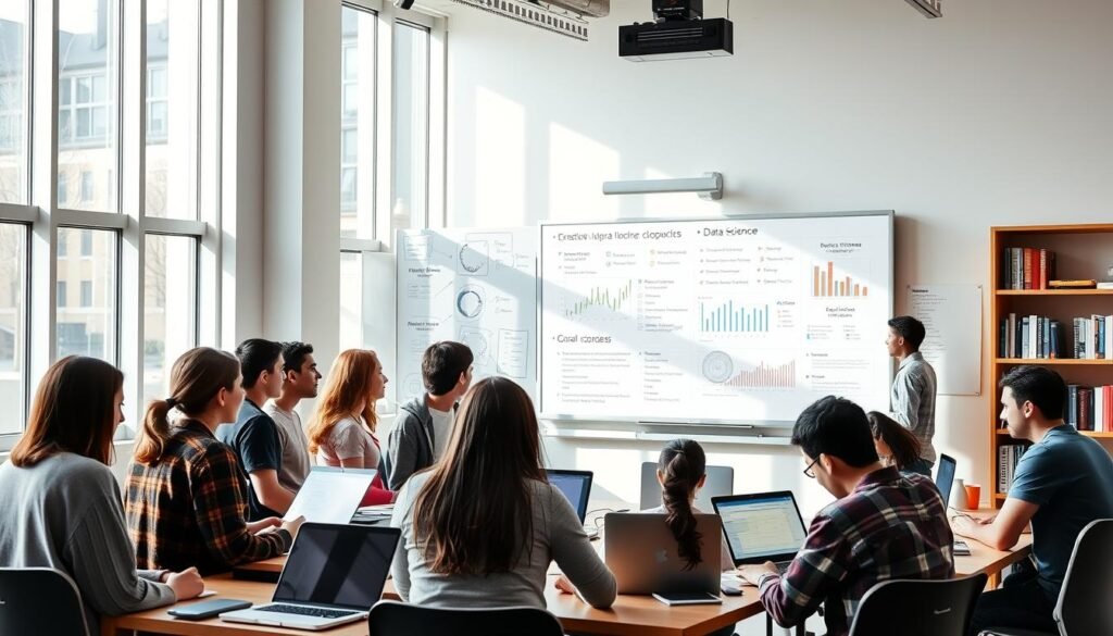 a data science program selection shown in a well-lit, modern university classroom setting. In the foreground, a group of students are gathered around a large interactive whiteboard, engaged in a lively discussion. The board displays various data visualization techniques, algorithms, and programming languages. In the middle ground, several students are working on laptops, collaborating on coding projects. The background features tall windows, allowing natural light to flood the space, and shelves filled with textbooks and academic resources. The overall atmosphere conveys a sense of intellectual curiosity, collaboration, and a passion for data-driven problem-solving. a data science program selection shown in a well-lit, modern university classroom setting. In the foreground, a group of students are gathered around a large interactive whiteboard, engaged in a lively discussion. The board displays various data visualization techniques, algorithms, and programming languages. In the middle ground, several students are working on laptops, collaborating on coding projects. The background features tall windows, allowing natural light to flood the space, and shelves filled with textbooks and academic resources. The overall atmosphere conveys a sense of intellectual curiosity, collaboration, and a passion for data-driven problem-solving.