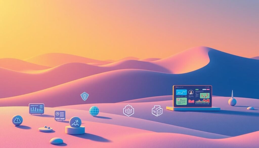 A beautifully detailed illustration of the core features of Make.com, captured in a vibrant, professional style. In the foreground, sleek icons representing the platform's automation tools, workflow templates, and intuitive interface design. The middle ground showcases vibrant data visualizations and collaborative workspaces, emphasizing Make.com's powerful integration and team productivity capabilities. In the background, a minimalist landscape of crisp lines and subtle gradients, evoking the platform's clean, modern aesthetic. Warm, directional lighting casts a subtle glow, enhancing the sense of sophistication and technical mastery. Rendered with a keen eye for composition, color, and technical precision to visually encapsulate the "الميزات الرئيسية لـ Make.com".