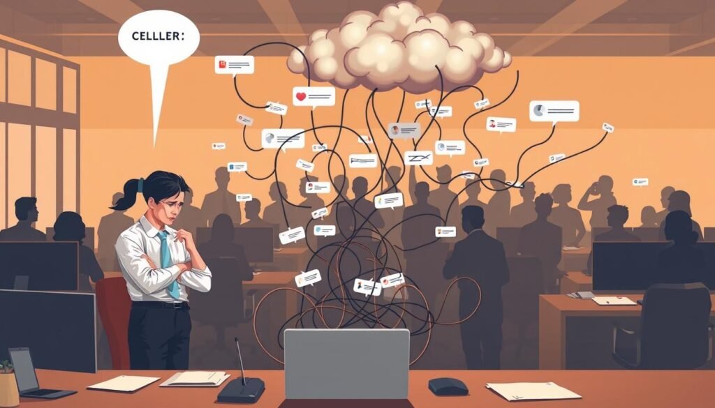 A bustling office scene with a disconnected communication process. In the foreground, a frustrated job applicant attempting to reach a distracted recruiter, their expressions and body language conveying the breakdown in dialogue. In the middle ground, a maze of tangled communication channels - phone lines, email threads, and social media notifications - symbolizing the disjointed hiring workflow. The background depicts a looming cloud of uncertainty, with silhouettes of qualified candidates left unnoticed. Warm, muted tones create a somber atmosphere, emphasizing the need for improved recruitment communication and transparency.