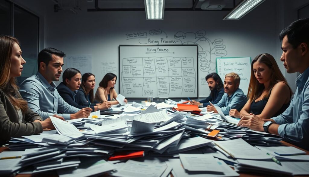 A bustling office setting, with a team of professionals gathered around a conference table, faces etched with concern. In the foreground, a jumble of resumes, applications, and interview notes spill across the table, reflecting the overwhelming challenges of modern talent acquisition. The lighting is muted, casting shadows that underscore the weight of the task at hand. In the background, a whiteboard displays a tangled web of hiring process steps, highlighting the complexities and bottlenecks that recruiters must navigate. The overall atmosphere conveys a sense of frustration and the need for a more streamlined, efficient approach to the hiring process.