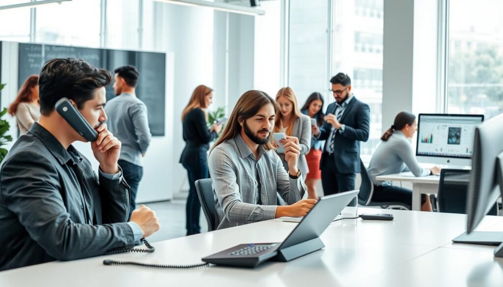 A bustling office setting, with professionals engaged in various business phone use cases. In the foreground, a person sits at a sleek, modern desk, intently focused on a call, their expression conveying a sense of professionalism and efficiency. Behind them, colleagues collaborate in small groups, gesturing animatedly as they discuss strategies and coordinate tasks. The middle ground features a mix of traditional and cutting-edge communication tools, including a cordless desk phone, a tablet, and a computer monitor displaying relevant data. The background showcases a well-lit, minimalist workspace with large windows, allowing natural light to flood the scene and creating an atmosphere of productivity and innovation. The overall composition conveys the diverse ways in which a robust business phone system, such as KrispCall, can empower professionals across various industries and departments.