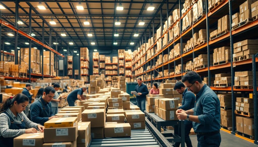 A bustling warehouse interior, bathed in warm, diffused lighting from overhead fixtures. In the foreground, a team of workers efficiently package and label an array of products, their faces reflecting a sense of pride and accomplishment. In the middle ground, a large shipping conveyor belt transports the carefully prepared orders, ready to be dispatched to eager customers. The background showcases towering shelves stocked with a diverse inventory, symbolizing the business's ability to fulfill a wide range of customer needs. An atmosphere of organization, productivity, and success permeates the scene, embodying the power of effective shipping solutions to drive business growth.