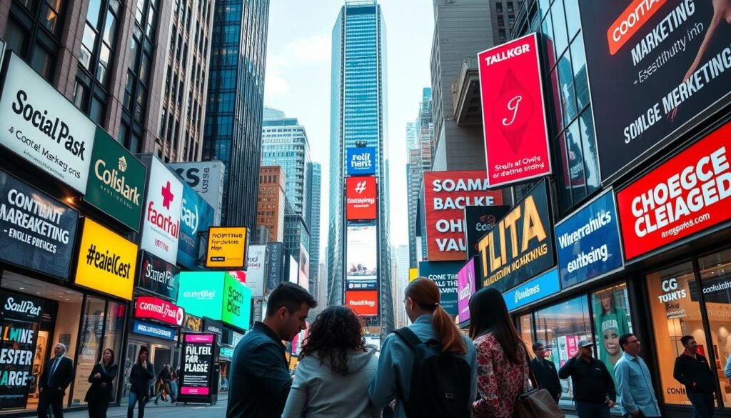 A busy city street with various social media marketing agencies, each with their own distinctive branding and signage. In the foreground, a group of professionals huddle around a touchscreen display, discussing analytics and campaign strategies. The middle ground features vibrant storefront displays showcasing their services, from content creation to influencer outreach. In the background, skyscrapers and billboards emblazoned with trending hashtags and slogans create an urban, tech-savvy atmosphere. The lighting is a balanced mix of natural daylight and neon accents, evoking a dynamic, forward-thinking environment. The overall scene conveys the competitive yet collaborative nature of the social media marketing industry.