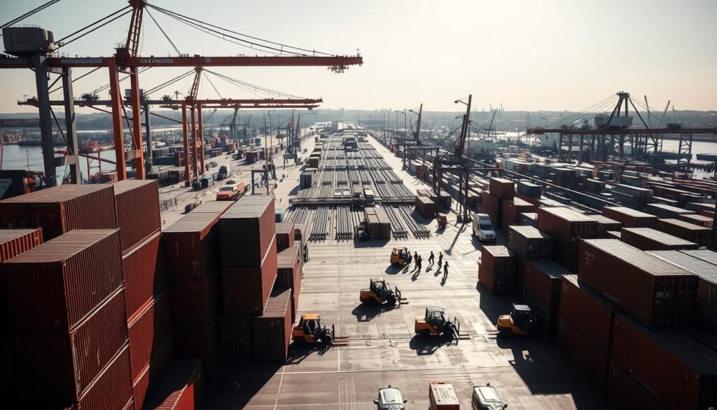 A busy shipping platform with a series of large cargo containers stacked neatly in the foreground, casting long shadows under bright, directional sunlight. In the middle ground, forklifts and workers busily loading and unloading goods, their movements captured in a sense of activity and efficiency. The background features a sprawling network of rail lines, cranes, and warehouses, showcasing the vast scale and infrastructure of the shipping operation. The overall scene conveys a sense of industrial productivity, technological integration, and streamlined logistics - the key features of a modern, sophisticated shipping platform.