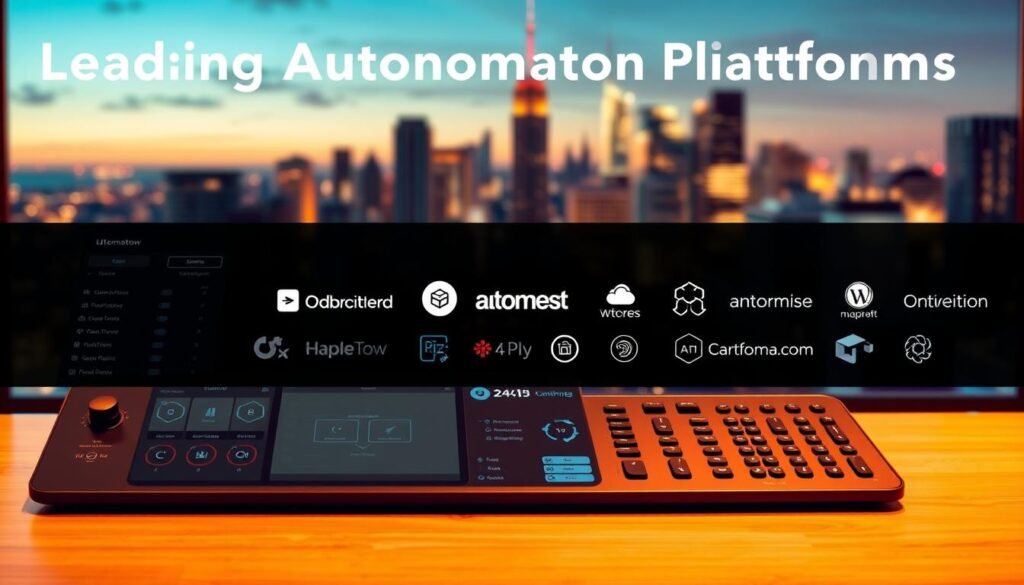 A comparative illustration of leading automation platforms. In the foreground, a sleek user interface with intuitive controls and customizable workflows. In the middle ground, icons and logos representing a variety of platforms - from no-code tools to enterprise-level solutions. The background depicts a cityscape, symbolizing the integration of these platforms into the modern business landscape. Warm lighting casts a professional, high-tech atmosphere, while carefully composed camera angles and depth of field showcase the platforms' versatility and power. This image aims to visually encapsulate the essential features and capabilities of the top automation platforms, enabling readers to make an informed decision about the best fit for their workflow optimization needs.