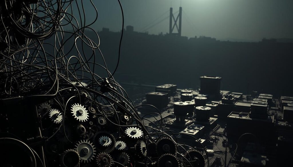 A complex tangle of wires, gears, and cogs representing the intricate challenges of workflow automation. In the foreground, a disorganized jumble of half-connected processes, symbolizing the frustration of integrating disparate systems. The middle ground features a maze of decision-making nodes, casting long shadows that obscure the path forward. In the dim background, a towering wall of impenetrable bureaucracy looms, casting an ominous pall over the entire scene. Dramatic lighting casts dramatic shadows, heightening the sense of technical complexity and administrative hurdles. The overall atmosphere conveys the tension and difficulty of streamlining workflows in a modern, digitized enterprise.
