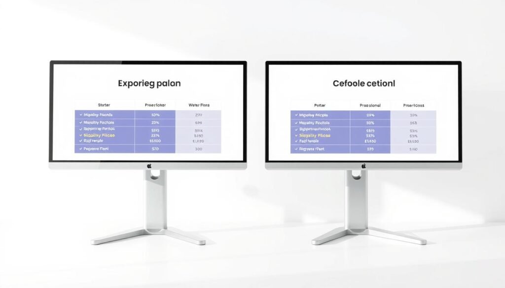 A crisp, clean comparison of shipping pricing plans displayed on high-resolution monitors against a minimalist white background. Two side-by-side plan overviews, one labeled "Starter" and the other "Professional", showcasing their respective features and costs in a clear, easy-to-digest layout. Soft shadows and subtle highlights accentuate the digital interface, creating a sense of depth and professionalism. The overall tone is one of simplicity, clarity, and industry expertise, reflecting the subject matter of the article.