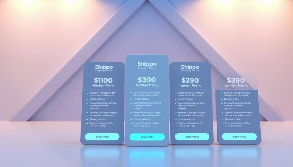 A detailed 3D rendered illustration of Shippo's shipping pricing plans, showcasing a clean and modern user interface with various pricing options and plan details. The foreground features the plan names, monthly/annual pricing, and service inclusions presented in a sleek card-like layout. The middle ground depicts an abstract geometric background with subtle gradients and lighting effects, creating a sense of depth and sophistication. The background subtly suggests the theme of international shipping and logistics through minimalist icons and graphical elements. The overall composition conveys a professional, informative, and visually appealing presentation of Shippo's shipping pricing strategies.