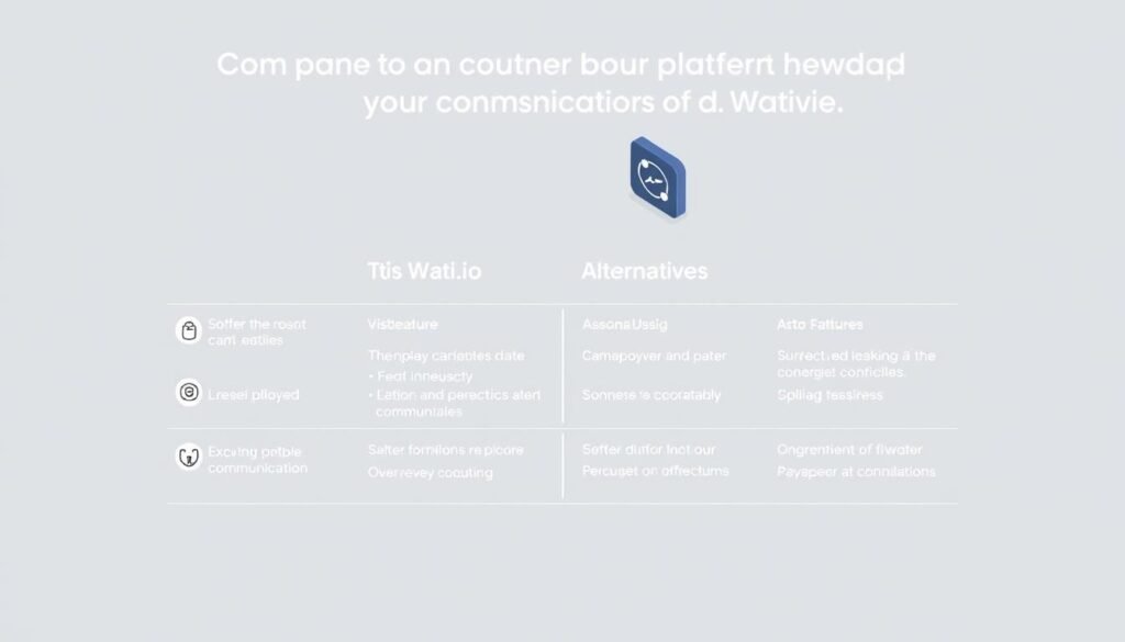A detailed comparison of popular commercial communication platforms, showcased in a clean, minimalist style. An isometric perspective, with sleek icons and simple geometric shapes representing the key features of Wati.io and its alternatives. Soft, neutral lighting and a muted color palette create a professional, informative atmosphere. The layout is well-organized, allowing the viewer to easily grasp the similarities and differences between the platforms. The overall impression is one of clarity, functionality, and a focus on the essential information.
