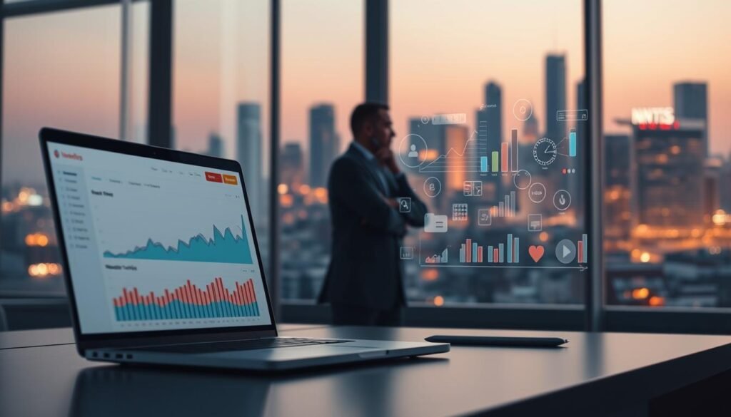 A digital workspace with a sleek, minimalist design. In the foreground, a laptop displays a website analytics dashboard, highlighting growth trends in website traffic over time. In the middle ground, a strategist contemplates various optimization tactics, surrounded by holographic data visualizations. The background features a city skyline, bathed in a soft, warm lighting that evokes a sense of progress and possibility. The overall atmosphere is one of focus, innovation, and a commitment to driving sustainable growth.