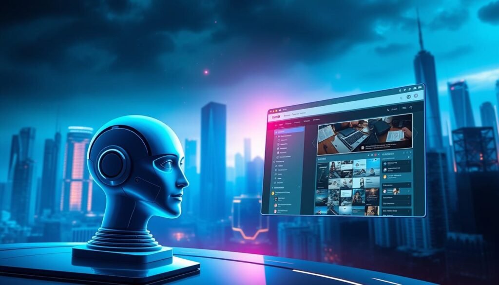 A dynamic, futuristic scene depicting the contrast between traditional website builders and the power of AI-driven website creation. In the foreground, a sleek, minimalist AI interface with clean lines and vivid hues, embodying the effortless, intelligent approach of SitesGPT.com. In the middle ground, a cluttered, outdated website builder interface, its bulky tools and complex menus representing the limitations of traditional methods. The background showcases a cityscape of skyscrapers, symbolizing the rapid technological advancements and the need for innovative solutions. Dramatic lighting, with cool tones for the AI interface and warm tones for the traditional builder, creates a striking visual contrast. The composition conveys the idea of AI's superiority in website creation, both in terms of efficiency and aesthetics.
