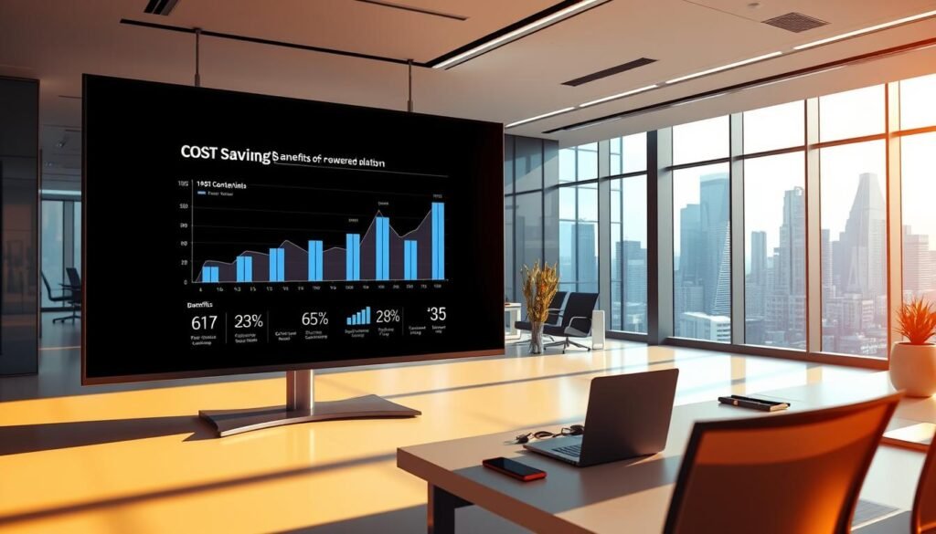 A futuristic office interior with sleek, minimalist design. In the foreground, a large monitor displays a cost-savings analysis chart, data points and graphs illustrating the benefits of an AI-powered website platform. Warm, directional lighting illuminates the scene, casting dramatic shadows. In the middle ground, a workspace with a laptop and various productivity tools, conveying efficiency and technological innovation. The background features floor-to-ceiling windows overlooking a vibrant cityscape, hinting at the scalability and global reach of the AI website solution. The overall tone is one of sophistication, progress and tangible value.
