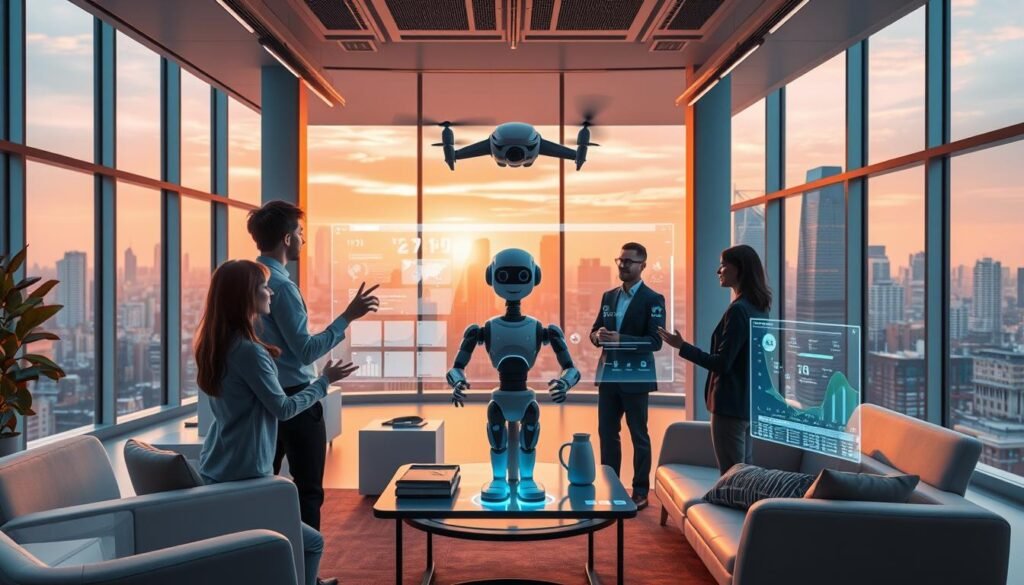 A futuristic office space with sleek, minimalist furniture and holographic interfaces. The room is bathed in a warm, ambient glow from large windows overlooking a bustling city skyline. In the foreground, a group of young professionals collaborate on a virtual recruitment dashboard, using gesture-based controls and voice commands to sort through candidate profiles and schedule interviews. In the middle ground, a robotic assistant hovers, offering personalized recommendations and real-time analytics. The background features advanced recruitment technologies like AI-powered resume screening and predictive hiring algorithms. The overall atmosphere conveys a sense of innovation, efficiency, and a forward-looking approach to talent management.