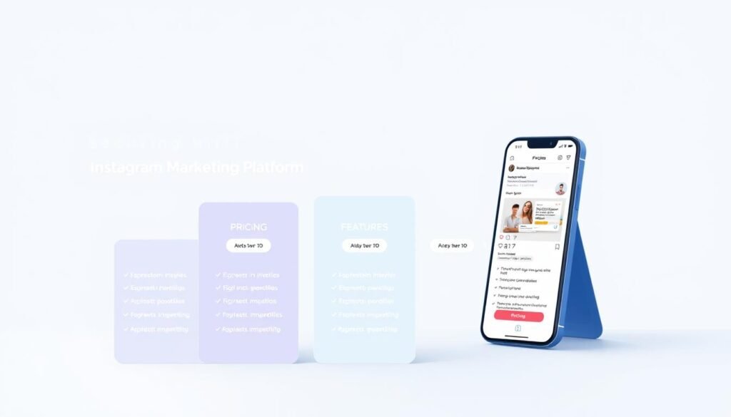 A high-contrast, sleek, and modern illustration showcasing the pricing plans of an Instagram marketing platform. In the foreground, various pricing tiers are displayed as clean, geometric shapes, each highlighting the key features and benefits. The middle ground features a simplified Instagram interface, with a mobile device prominently showcasing the platform's dashboard. The background is a minimalist, gradient-based design, conveying a sense of digital sophistication. The overall composition emphasizes the value proposition and service offerings, using a color palette of blues, grays, and whites to create a professional, technology-driven aesthetic.