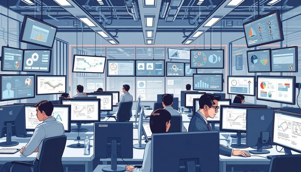 A high-quality, detailed illustration of "case studies in automation" showcasing successful real-world applications of Make.com's professional automation services. Depict a dynamic, bustling office environment with well-dressed professionals intently focused on their computer screens, surrounded by screens displaying various workflow diagrams and infographics. Incorporate a sleek, modern aesthetic with clean lines, neutral tones, and strategic pops of color. Use a combination of wide-angle and close-up perspectives to capture the full scope of the automation process. Incorporate thoughtful lighting to create depth, atmosphere, and a sense of productivity. The overall tone should be professional, aspirational, and convey the efficiency and effectiveness of Make.com's automation solutions.