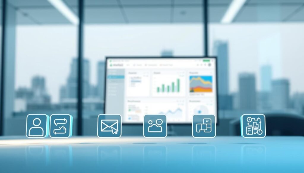 A high-quality, detailed illustration of the key features of Nutshell.com's customer relationship management platform. In the foreground, sleek icons representing core functionalities like contact management, email integration, and sales pipeline. In the middle ground, a clean, minimal dashboard interface showcasing data visualization and reporting tools. In the background, a subtle cityscape or office scene, conveying the professional, enterprise-grade nature of the software. Lighting is soft and diffused, creating a sense of clarity and focus. The overall mood is modern, efficient, and visually appealing, reflecting Nutshell.com's user-friendly and powerful CRM solution.