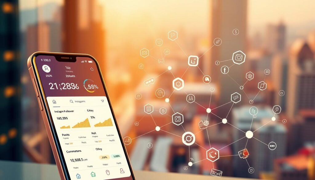 A high-resolution, digital illustration depicting the results of an Instagram case study. In the foreground, a stylized smartphone screen displays various Instagram analytics and engagement metrics, such as follower count, post likes, and comments. The middle ground features a network of Instagram icons, hashtags, and social media symbols, conveying the interconnected nature of the platform. The background showcases a vibrant, blurred cityscape, hinting at the global reach and impact of the platform. The overall composition is sleek, modern, and data-driven, with a warm, golden color palette to evoke a sense of success and achievement. The lighting is soft and directional, creating depth and dimension within the illustration.