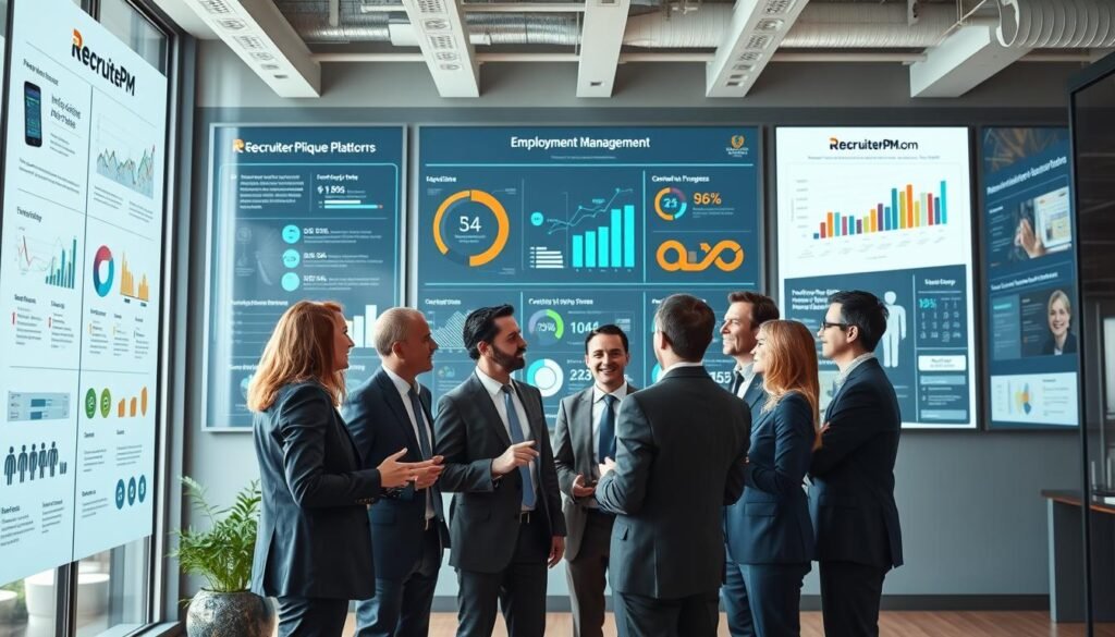 A highly organized corporate office interior with bright natural lighting streaming through large windows. On the walls, elegant infographics and visual data displays showcase the unique features of the RecruiterPM.com employment management platform. In the foreground, a group of professional business people are engaged in a lively discussion, gesturing towards the information panels. The overall atmosphere conveys a sense of efficiency, innovation, and collaborative problem-solving in the field of talent acquisition and HR management.