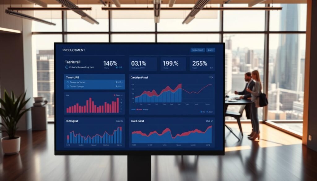 A modern and minimalist office scene, bathed in warm, natural lighting. In the foreground, a sleek, high-contrast dashboard displays key productivity metrics for a recruitment team - hires, time-to-fill, candidate funnel, and more. The dashboard is presented on a large, edge-to-edge monitor, its clean UI design allowing easy visualization of the data. In the middle ground, a team of recruiters is engaged in dynamic discussions, collaborating around a central conference table. The background features floor-to-ceiling windows overlooking a bustling cityscape, conveying a sense of productivity and progress. The overall atmosphere is one of efficiency, transparency, and a data-driven approach to talent acquisition.