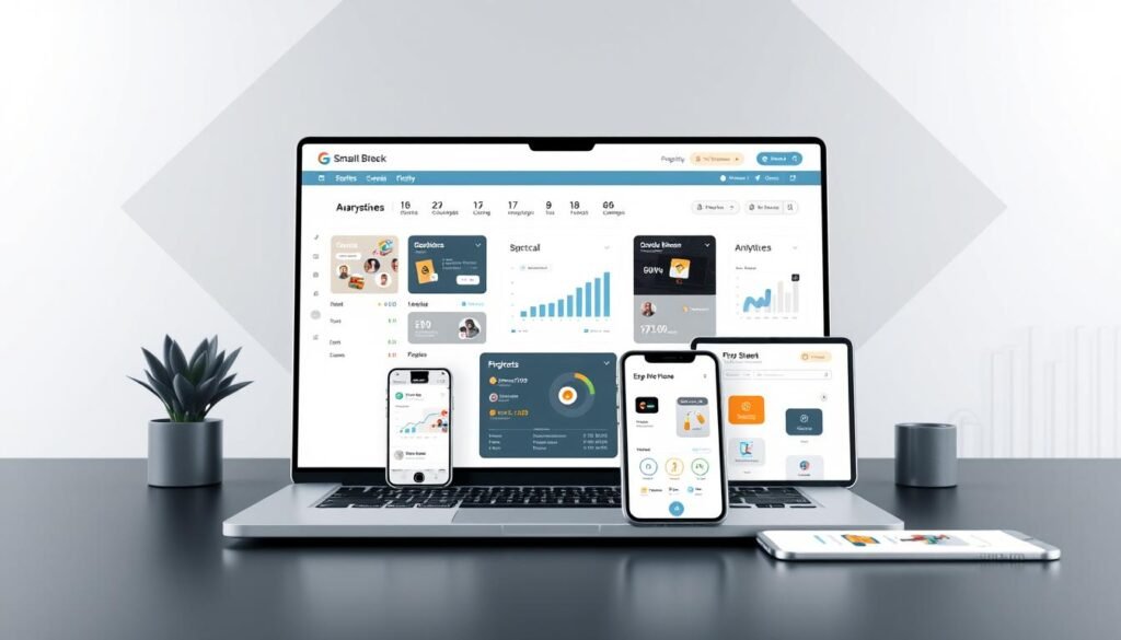 A modern and visually appealing platform for small business marketing, showcasing a clean and minimalist design with a focus on user-friendly features. The foreground depicts a laptop display presenting the project management and analytics dashboard, while the middle ground features various mobile devices and digital marketing tools. The background sets a professional and contemporary atmosphere with subtle geometric patterns and a neutral color palette, creating a cohesive and visually striking composition that reflects the versatility and effectiveness of the small business marketing platform.