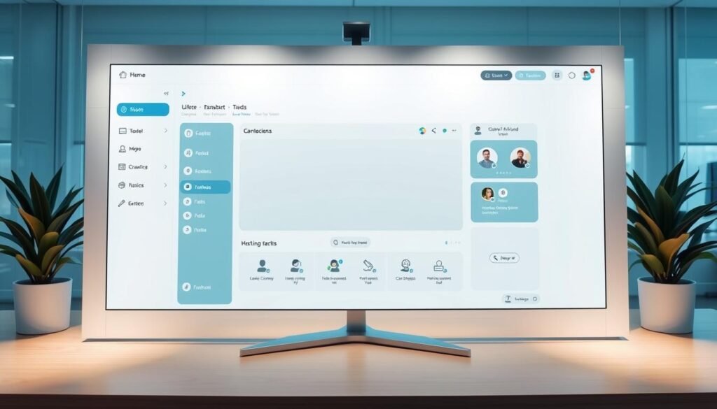 A modern, clean, and visually appealing user interface for a commercial communication platform. The screen displays a minimalist dashboard with a central workspace, surrounded by sidebar menus and navigation tools. Sleek icons, intuitive controls, and a neutral color palette create a sophisticated, user-friendly experience. The layout is balanced, with ample white space and clear hierarchies to guide the user's attention. Soft lighting illuminates the scene, creating a calm and professional atmosphere. The camera angle provides a frontal, slightly elevated view, showcasing the overall layout and design elements in an organized, easy-to-understand manner.