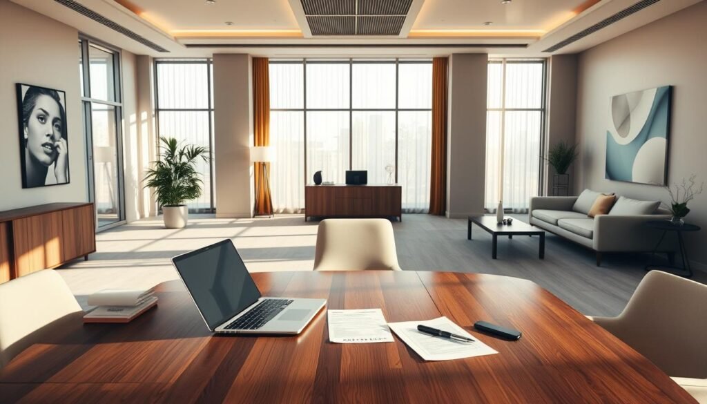 A modern, elegant office interior with a central wooden desk showcasing an Escrow services display. Sleek, minimalist furnishings in neutral tones create a professional atmosphere. Large windows flood the space with warm, natural light, casting subtle shadows. A laptop, documents, and a pen rest on the desk, hinting at the secure transaction process. The walls feature subtle abstract artwork, complementing the refined aesthetic. The overall scene conveys a sense of trust, reliability, and efficiency associated with Escrow services.