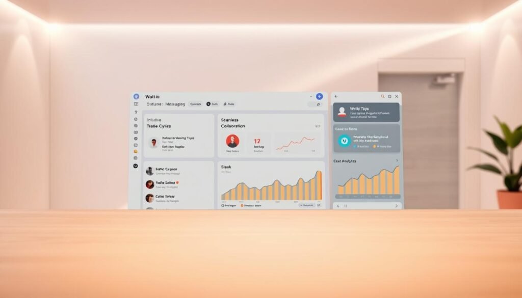 A modern, minimalist business communication platform with a warm, inviting aesthetic. In the foreground, a clean, uncluttered dashboard showcases intuitive messaging tools, seamless team collaboration features, and sleek analytics. The middle ground highlights stylized icons, clean typography, and a simple color palette of greys, whites, and vibrant accents. The background subtly suggests a professional, tech-savvy environment with smooth gradients and soft lighting, creating an atmosphere of efficiency and productivity. Overall, the image conveys a sense of streamlined, user-friendly business communication, encouraging effective utilization of the Wati.io platform.