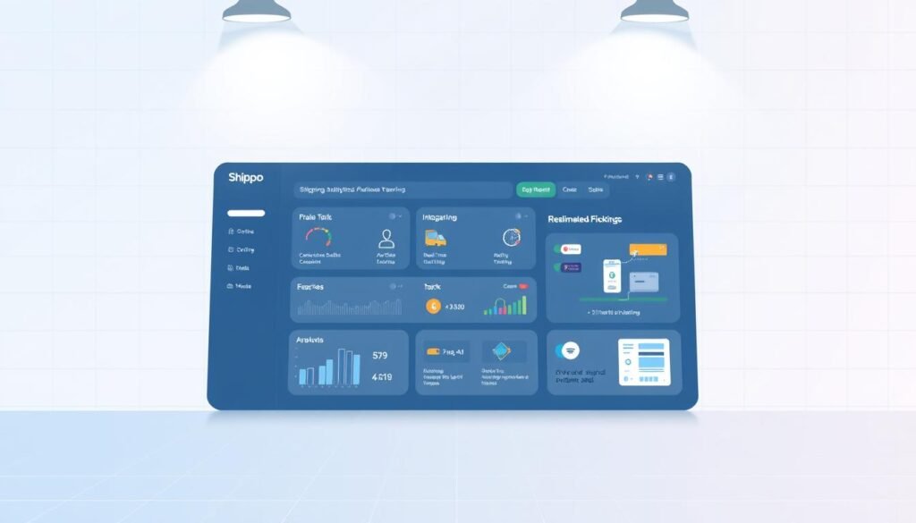 A modern, minimalist illustration showcasing the key features of Shippo's shipping management platform. In the foreground, a sleek dashboard interface displays shipping analytics and optimization tools. In the middle ground, icons and infographics highlight Shippo's capabilities such as multi-carrier integration, real-time tracking, and automated label generation. The background features a clean, geometric grid pattern in a cool, soothing color palette, conveying a sense of efficiency and professionalism. Subtle lighting from above casts a soft, directional glow, creating depth and emphasizing the streamlined, user-friendly design.