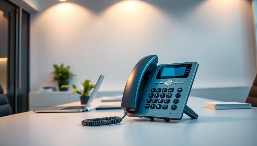 A modern office setting with a central desk, a professional-looking business phone prominently displayed. The phone has a sleek, metallic design, conveying a sense of durability and reliability. The desk is neatly organized, with a laptop, a few files, and a tasteful plant, all illuminated by soft, warm lighting from overhead fixtures. The background features a clean, minimalist wall, perhaps with a subtle texture or pattern, creating a polished, corporate atmosphere. The overall scene radiates a sense of efficiency, productivity, and the confidence that comes with a dependable communication system.