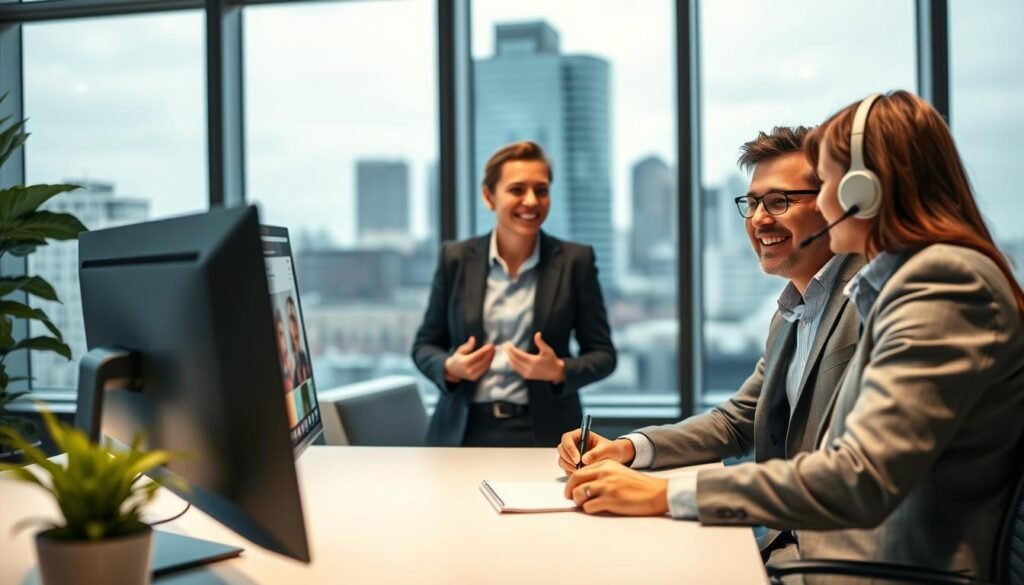 A modern office setting with a warm, inviting atmosphere. In the foreground, a customer service representative in a crisp button-down shirt and blazer warmly engages with a client on a video call, their expressions conveying attentiveness and a desire to understand the client's needs. The middle ground features a sleek, minimalist desk with a computer, pen, and notepad, suggesting efficient yet personalized interactions. The background showcases large windows overlooking a bustling city skyline, creating a sense of connection and a professional, collaborative environment. Soft, directional lighting illuminates the scene, highlighting the participants' faces and creating a sense of depth and focus. The overall mood is one of professionalism, empathy, and a commitment to excellent customer service.