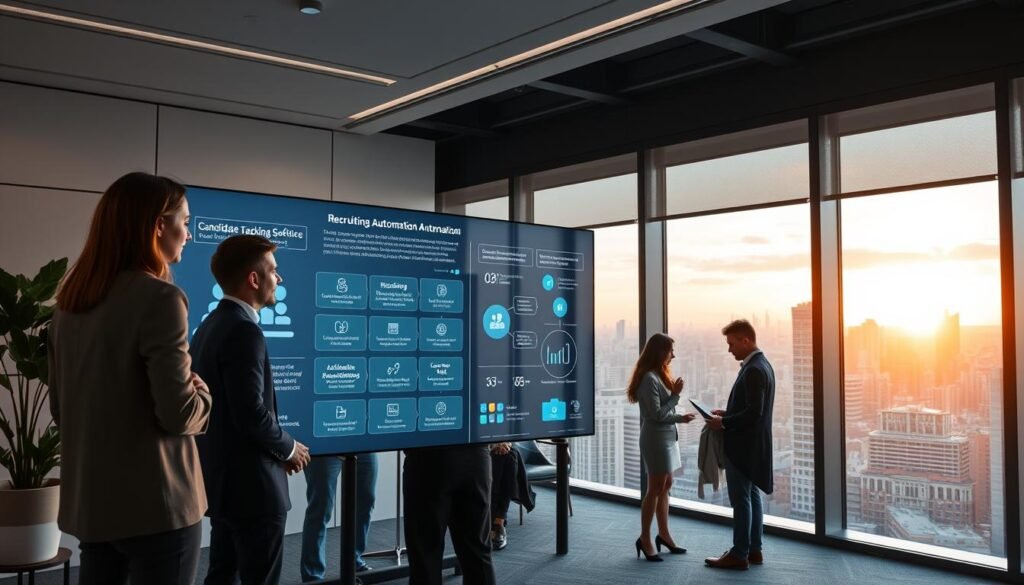 A modern, sleek office space with clean lines and minimalist decor. In the foreground, a group of recruitment professionals gather around a large, interactive display, intently exploring the features of a cutting-edge recruitment automation software. The display showcases various modules, including candidate tracking, automated scheduling, and data-driven insights. The middle ground features a team of recruiters collaborating on hiring workflows, their faces illuminated by the soft glow of their laptops. In the background, a panoramic window overlooking a bustling city skyline, bathed in the warm light of the setting sun, creating a sense of productivity and innovation.
