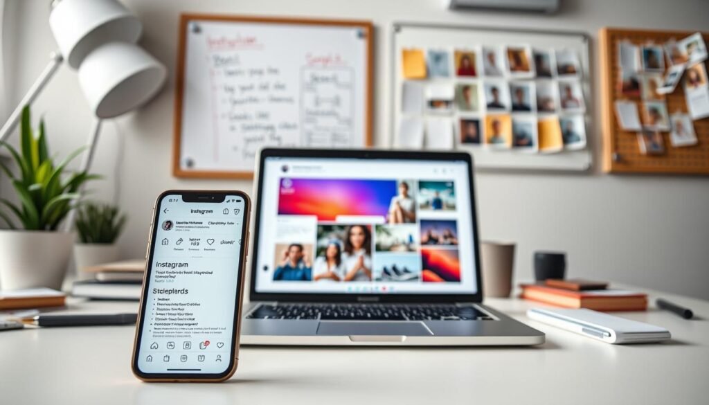 A neatly arranged workspace with various Instagram marketing tools displayed prominently. In the foreground, a smartphone showcases Instagram's intuitive interface, complemented by a sleek social media analytics dashboard. In the middle ground, a laptop displays content creation tools like image editors and scheduling apps. The background features a wall-mounted whiteboard with strategic planning notes and a magnetic board displaying post ideas. The overall scene conveys a sense of efficiency, organization, and a commitment to leveraging the power of InstaClubHub for effective social media management.