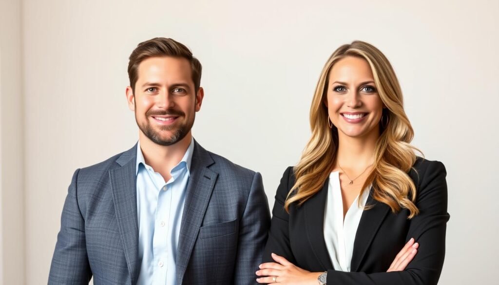 A portrait of Instagram marketing experts Brock and Chalene Johnson in a modern, minimalist studio setting. Brock and Chalene are posing confidently, dressed in business casual attire, with warm, natural lighting illuminating their faces. The background features a simple white wall, providing a clean, uncluttered backdrop that allows the subjects to take center stage. The image has a professional, polished aesthetic, conveying the expertise and authority of the two individuals as social media marketing leaders.