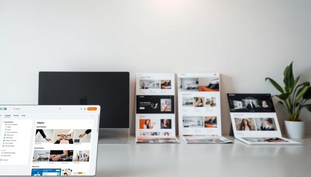 A professional and modern website building interface with a drag-and-drop functionality. The foreground showcases a user-friendly dashboard with intuitive tools and customizable elements. In the middle ground, various website templates and layouts are displayed, allowing for seamless design and content organization. The background features a minimalist and clean aesthetic, with subtle gradients and soft lighting, creating a sense of professionalism and sophistication. The overall composition suggests an effortless and intuitive website creation experience, catering to both novice and experienced users.