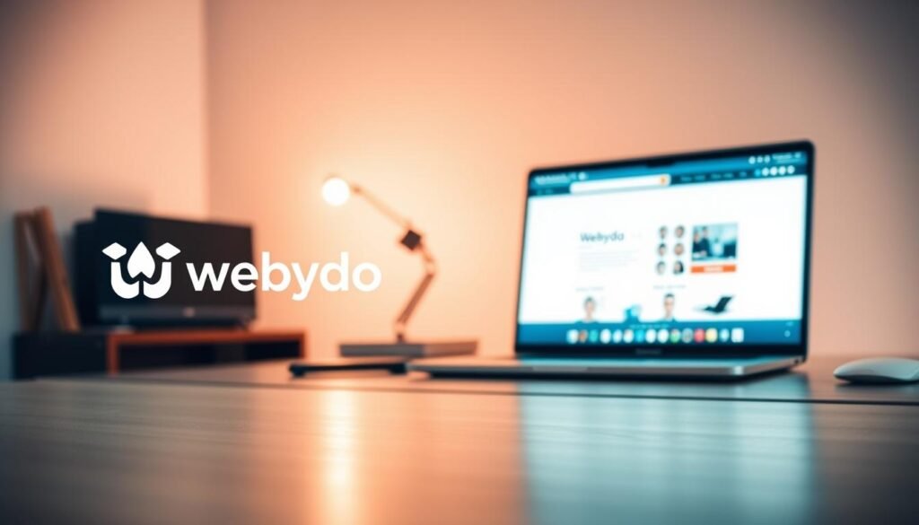 A professional web design tool, Webydo, is depicted in a sleek, modern composition. In the foreground, the Webydo logo and interface are prominently displayed, showcasing its intuitive, drag-and-drop design capabilities. The middle ground features a laptop screen displaying a fully customized website, highlighting Webydo's powerful design and development features. The background depicts a minimalist, high-contrast workspace, emphasizing the tool's precision and efficiency for experienced web designers. Warm, directional lighting creates depth and a sense of professionalism, while a shallow depth of field draws the viewer's focus to the central elements. The overall mood is one of sophistication, productivity, and the empowerment of professional web design.