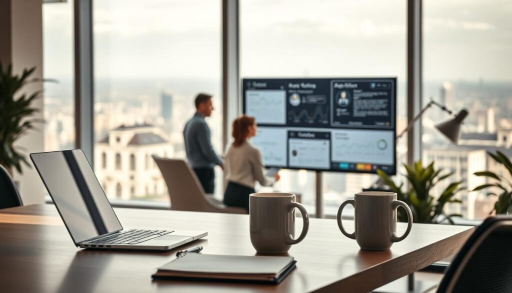 A serene office scene depicting the power of automation. In the foreground, a desk with a laptop, notepad, and coffee mug, all neatly arranged. Soft natural lighting floods the space, creating a calming ambiance. In the middle ground, a team collaborating around a large monitor, their expressions focused as they streamline workflows through intuitive automation tools. The background reveals an expansive cityscape, hinting at the global reach and efficiency enabled by this technology. The overall mood is one of professional productivity, where tedious tasks are seamlessly handled, freeing the team to innovate and thrive.