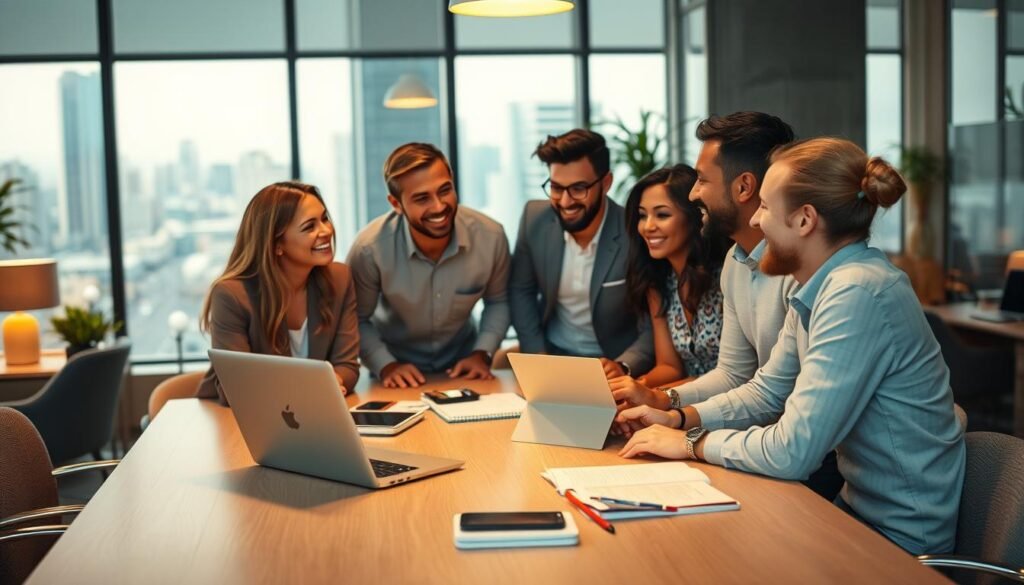 A serene office setting, with a large desk and comfortable chairs. On the desk, a laptop and various office supplies, creating an atmosphere of productivity. In the foreground, a group of people - a diverse team of professionals - engaged in a lively discussion, their expressions conveying a sense of satisfaction and collaboration. The lighting is warm and inviting, creating a cozy and professional ambiance. The background features large windows, allowing natural light to flood the space and providing a glimpse of a bustling cityscape outside. The overall scene captures the essence of a positive customer experience with Shippo's shipping management services.