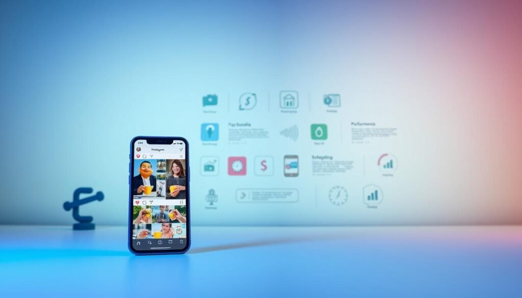 A sleek and modern digital marketing platform for Instagram, showcasing a vibrant and intuitive user interface. The foreground features a smartphone display with a feed of engaging Instagram posts, highlighting the platform's content curation and social media management capabilities. The middle ground depicts various icons and infographic elements, conveying the platform's analytical tools and performance tracking features. The background sets the scene with a minimalist, gradient-based design, creating a clean and professional atmosphere. Soft, directional lighting accentuates the platform's streamlined aesthetics, while a slightly low camera angle emphasizes the platform's user-friendly and empowering nature.