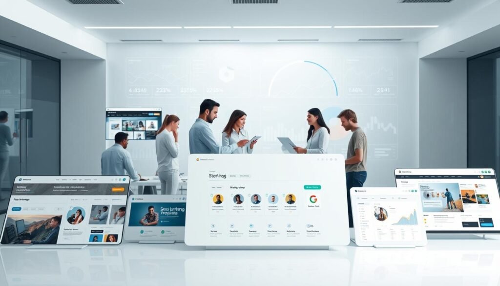 A sleek, modern AI-powered website platform with a clean, minimalist design. In the foreground, a central dashboard showcases various customizable website templates and building tools. The middle ground features a group of diverse users collaborating on website designs, with virtual assistants providing guidance. In the background, a dynamic data visualization displays real-time analytics and performance metrics. The scene is illuminated by a soft, diffused lighting, creating a professional and futuristic atmosphere. The overall composition conveys the power, flexibility, and ease of use of the AI-driven SitesGPT.com platform.