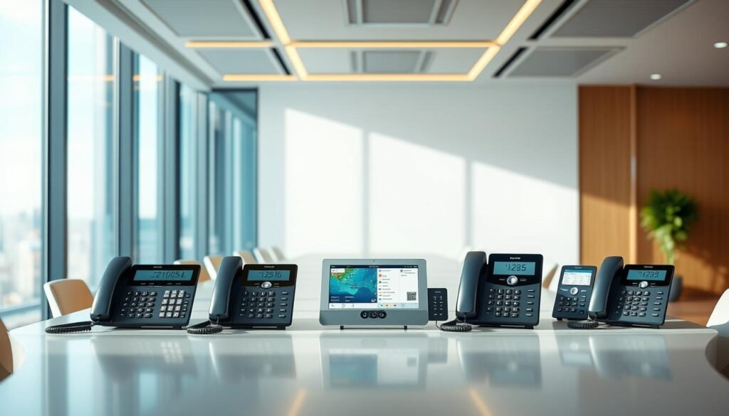 A sleek, modern business office setting with a large desk and contemporary furniture. On the desk, various business phone models are displayed, showcasing their features and pricing details. The lighting is warm and natural, creating a professional atmosphere. The background features clean, minimalist lines and a hint of a skyline or cityscape, emphasizing the corporate environment. The overall composition is balanced, with the phones taking center stage, inviting the viewer to explore the pricing and value proposition of the KrispCall business phone system.