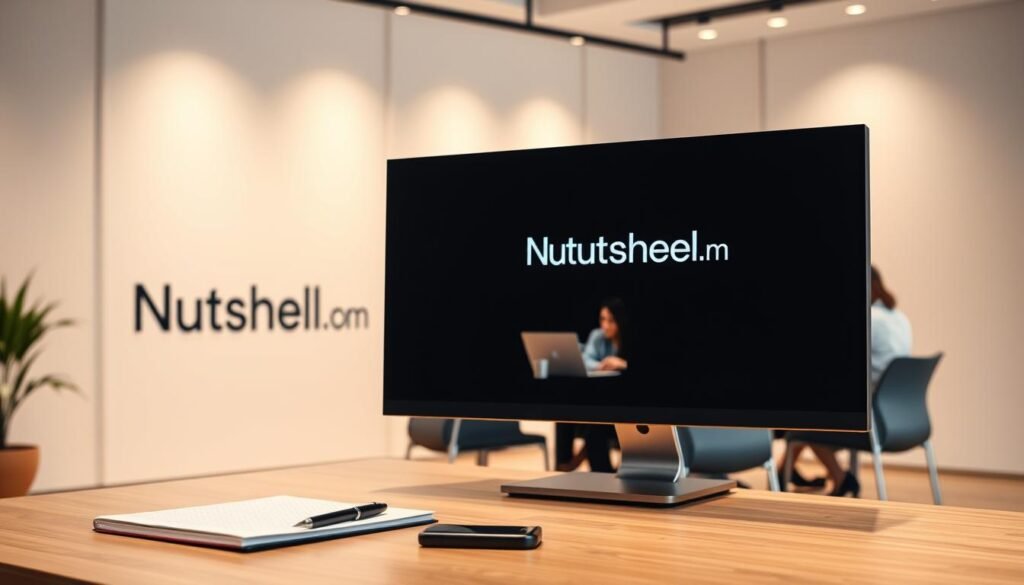 A sleek, modern office environment with a large computer monitor prominently displaying the Nutshell.com logo. In the foreground, a well-organized desk setup with a notebook, pen, and a mobile device. The middle ground features a team of professionals collaborating around a conference table, using Nutshell.com's intuitive interface on their laptops. The background showcases a minimalist, yet warm lighting scheme, conveying a sense of productivity and efficiency. The overall scene should inspire a feeling of seamless customer relationship management, as per the "Nutshell.com: إدارة علاقات العملاء بسهولة." article subject and the "كيف تستفيد من Nutshell.com في عملك؟" section title.