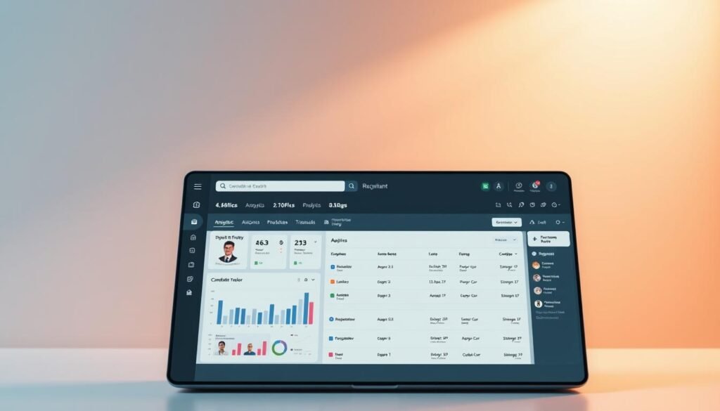 A sleek, modern recruitment management software interface, designed with a focus on user experience and efficiency. In the foreground, a clean dashboard displays key metrics and analytics, with intuitive data visualizations. The middle ground features a streamlined candidate tracking system, allowing smooth navigation through applicant profiles. In the background, a minimalist yet sophisticated design aesthetic, with subtle gradients and geometric shapes, creates a sense of professionalism and technological sophistication. Warm, directional lighting casts a soft glow, enhancing the clean, polished appearance of the software. The overall atmosphere conveys a blend of productivity, organization, and a commitment to streamlining the recruitment process.