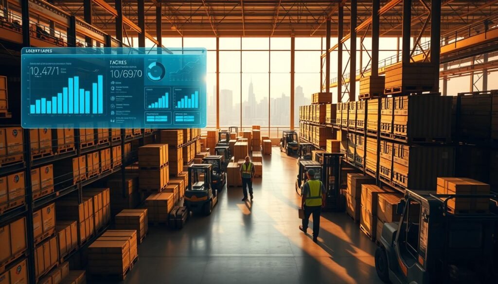A sleek, modern warehouse interior with stacked shipping containers, conveyor belts, and forklifts efficiently moving packages. The space is bathed in warm, directional lighting that casts long shadows, creating a sense of organized activity. In the foreground, a holographic display showcases a digital logistics dashboard, with real-time data and analytics. The middle ground features workers in high-visibility vests coordinating the shipment flow. In the background, large windows provide a view of the city skyline, symbolizing the interconnectedness of the global supply chain. The overall atmosphere conveys a well-oiled, integrated shipping operation.