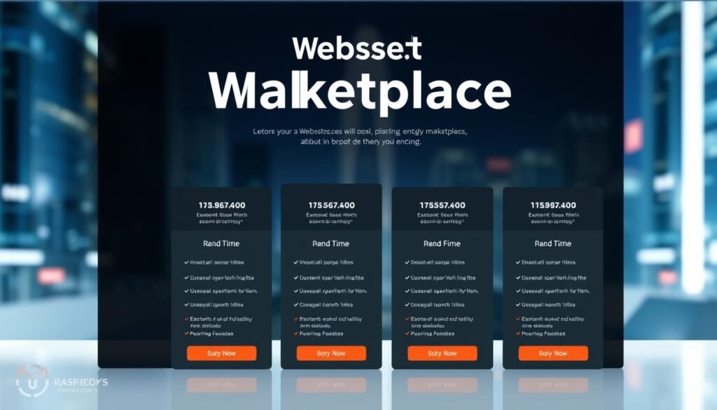 A sleek, modern website marketplace with a minimalist pricing structure displayed in a clean, digital interface. The foreground showcases various website pricing tiers, each with its own set of features and benefits, presented in a grid layout. The middle ground features detailed descriptions of the pricing options, highlighting the key differences. The background is a blurred, futuristic cityscape, conveying a sense of technology and innovation. The overall mood is professional, informative, and visually appealing, with a focus on clarity and user-friendliness.