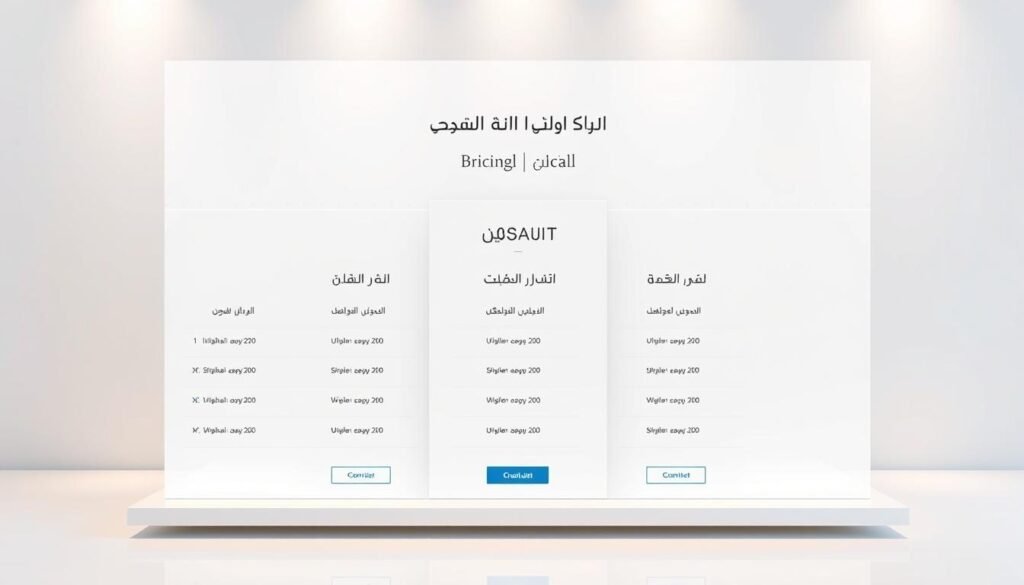 A sleek, modern website pricing table with elegant Arabic typography. The table sits atop a clean, minimalist background, with soft lighting creating a subtle, professional atmosphere. The pricing plans are displayed in a clear, organized manner, with subtle visual cues to highlight the differences between each option. The overall design conveys a sense of sophistication and attention to detail, reflecting the premium web design services offered by Webydo.