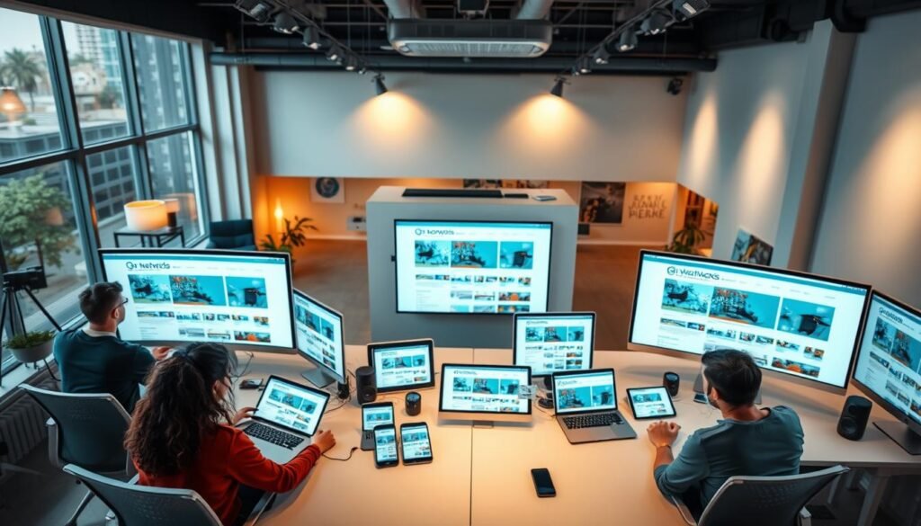A stunning aerial view of a modern web design studio, showcasing the benefits of Webydo's custom web services. In the foreground, a team of designers collaborating on sleek, responsive website layouts, their screens illuminated by warm task lighting. The middle ground features a array of digital devices - laptops, tablets, smartphones - showcasing Webydo's cross-platform compatibility. In the background, a minimalist office space with large windows, allowing natural light to pour in and create a calming, productive atmosphere. The overall scene radiates professionalism, innovation and the value Webydo brings to crafting personalized web experiences.