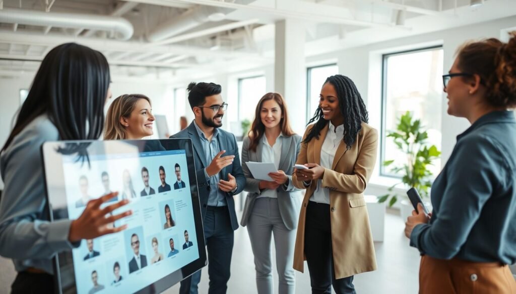 A team of diverse professionals collaborating in a modern, well-lit office space. In the foreground, two recruiters review candidate profiles on a large, interactive display, gesturing animatedly as they discuss potential matches. In the middle ground, a hiring manager confers with a talent acquisition specialist, exchanging notes and ideas. The background features an open, airy environment with minimalist decor, large windows allowing natural light to flood the room, and a sense of camaraderie and productivity permeating the scene. The overall mood is one of efficiency, innovation, and a shared dedication to finding the right candidates for the organization.